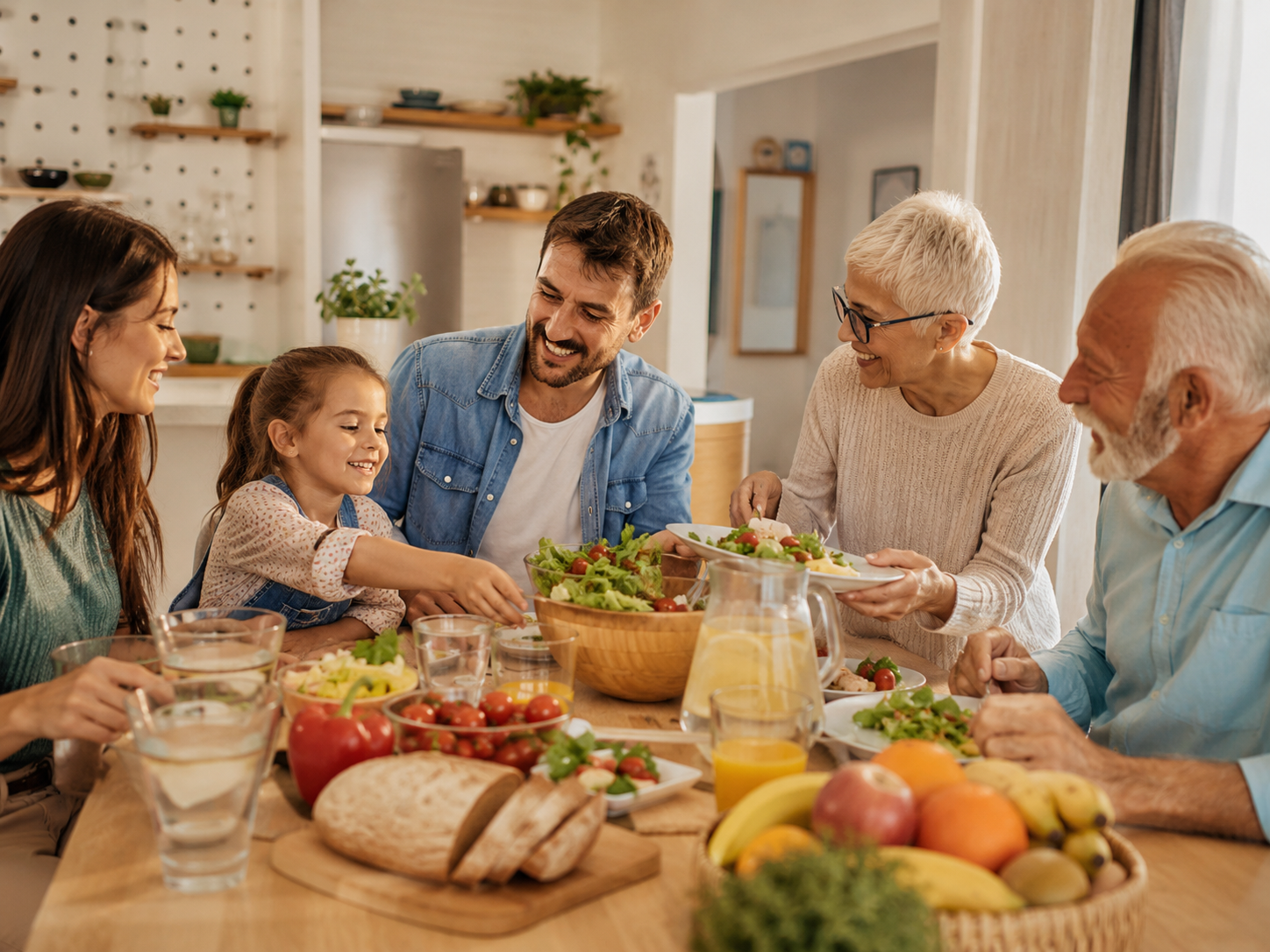 Familia multigeneracional compartiendo una comida saludable en casa.